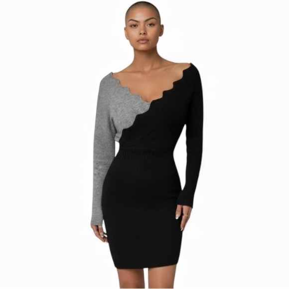 Sweater dress COLOR BLOCK ribbed knit faux wrap bodycon black gray women medium - Picture 16 of 16